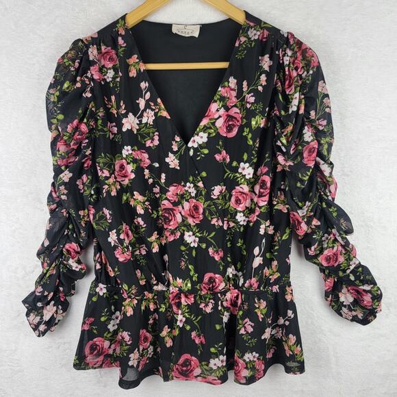 Ember Large Top Long Ruch Sleeve V Neck Pullover Black Floral Cottagecore - Picture 1 of 9